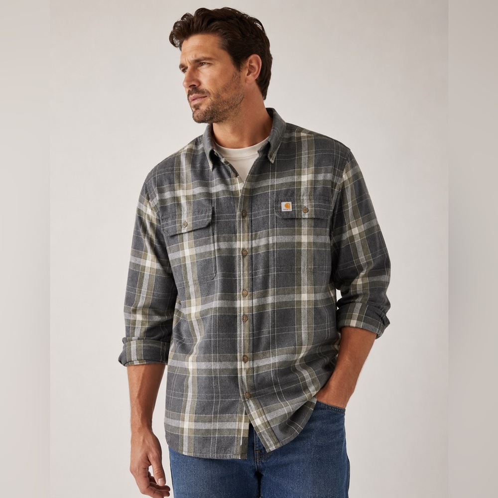 Carhartt Original Fit Flannel Button Up Shirt Men’s 3XL Gray Plaid Heavy Cotton